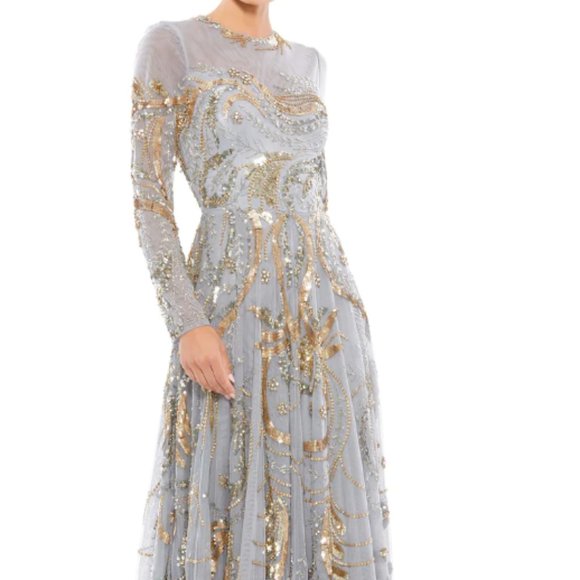 MAC DUGGAL 5217 LONG SLEEVE EMBELLISHED ILLUSIONS NECK PLATINUM/GOLD GOWN sz 18 - Picture 1 of 6